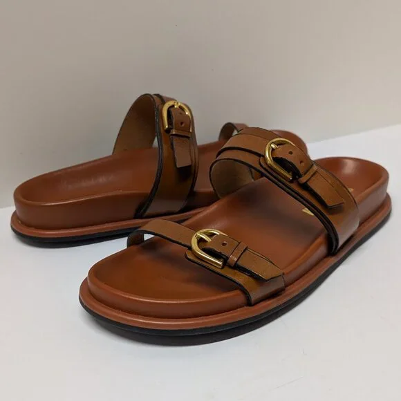 Steve Madden Zina Leather Double Strap and Buckle Sandals in Brown & Gold - Picture 4 of 12